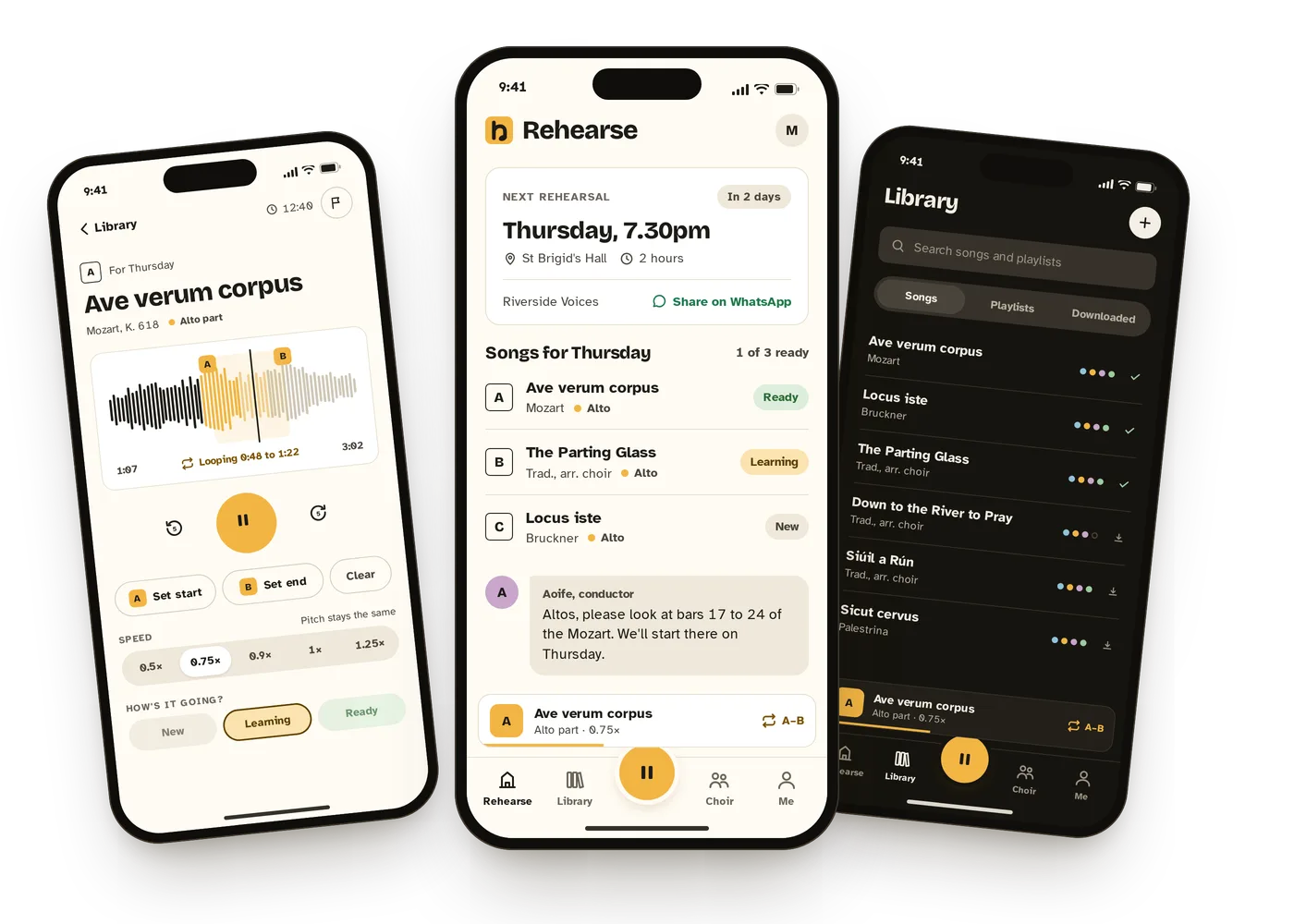 Harmny on three phones: the practice player, the Rehearse home screen and the song library in dark mode