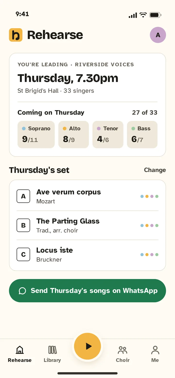 Conductor home screen showing Thursday’s rehearsal, the set of three songs and a WhatsApp button