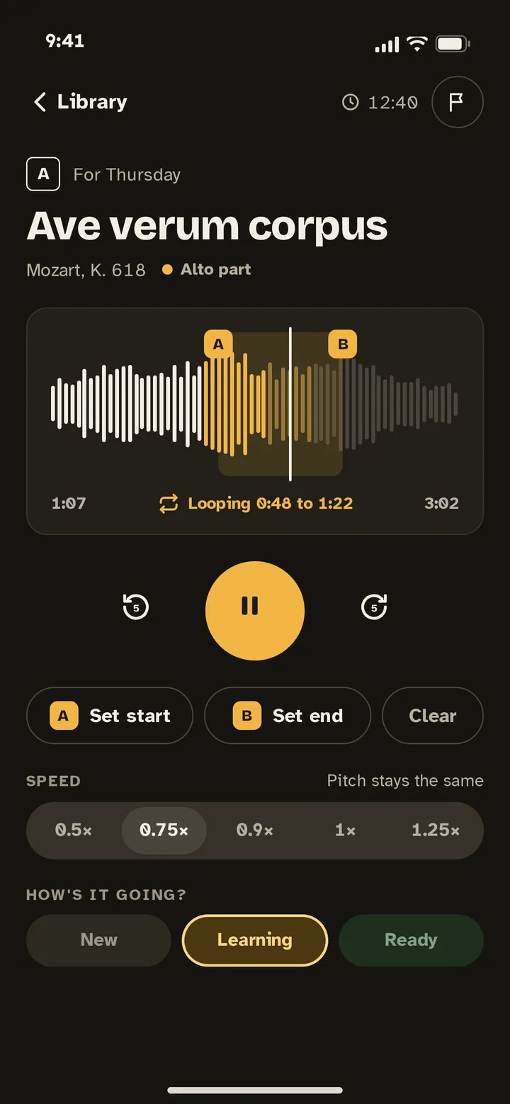 Practice screen with an A to B loop in dark mode
