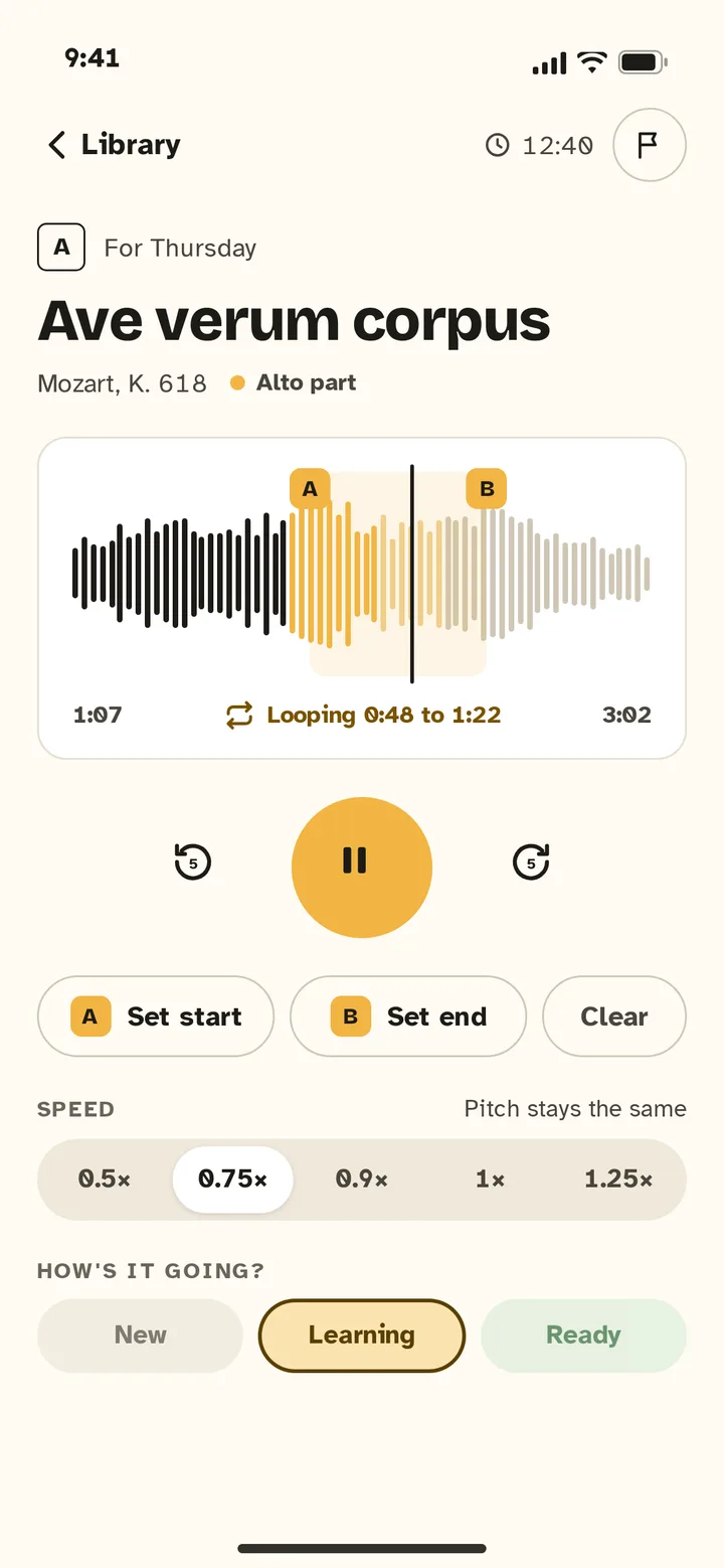 Practice screen with a waveform, a looped section between A and B, and speed set to 0.75×