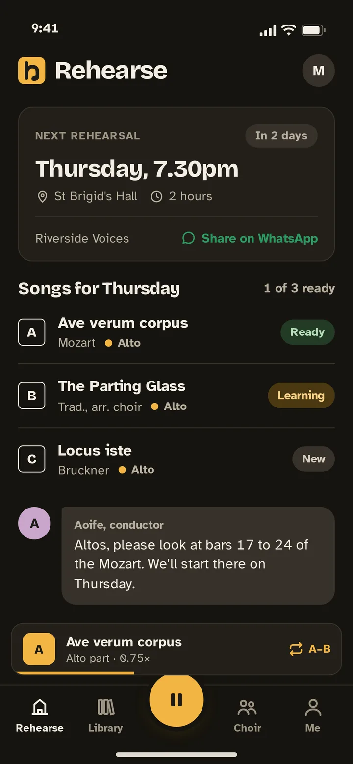 Rehearse screen in dark mode