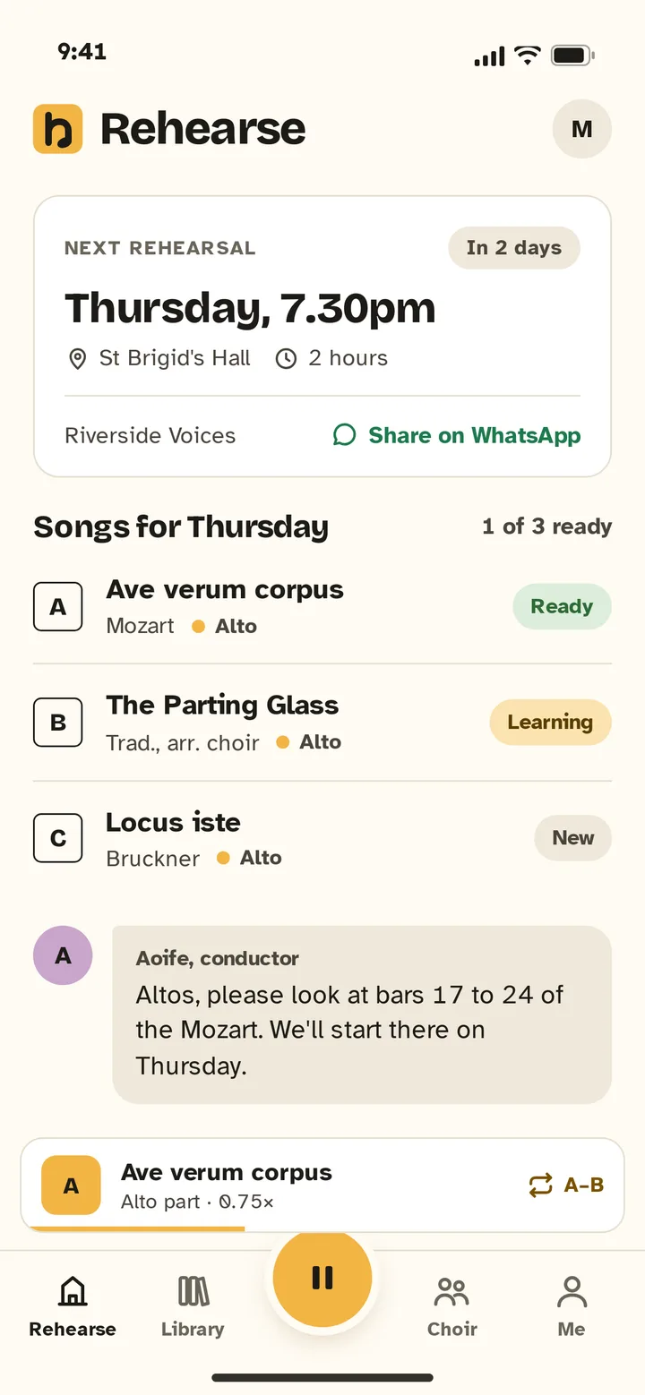 Rehearse screen showing Thursday’s rehearsal, three songs with their status, and a note from the conductor