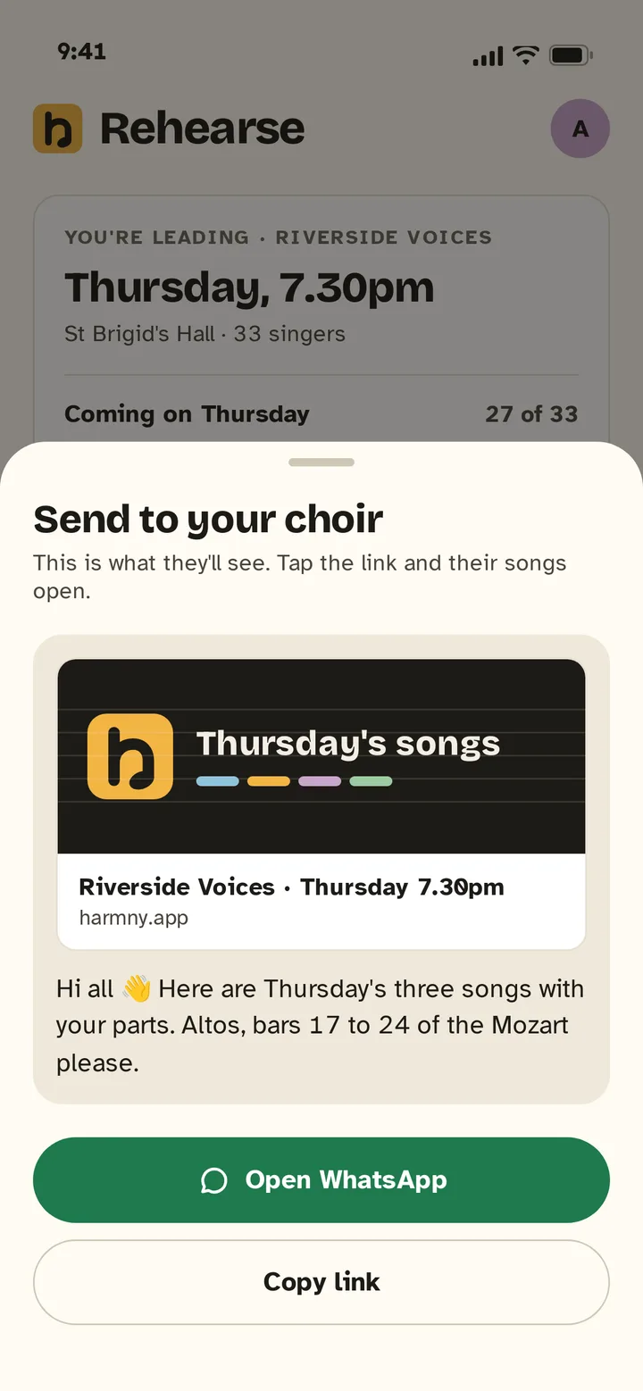 Share sheet showing the WhatsApp message and link preview for Thursday’s songs
